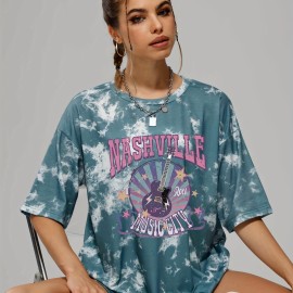 Tie Dye Letter Rock Music Guitar Print Tee, Summer Round Neck Casual Sports T-shirts, Women's Clothing