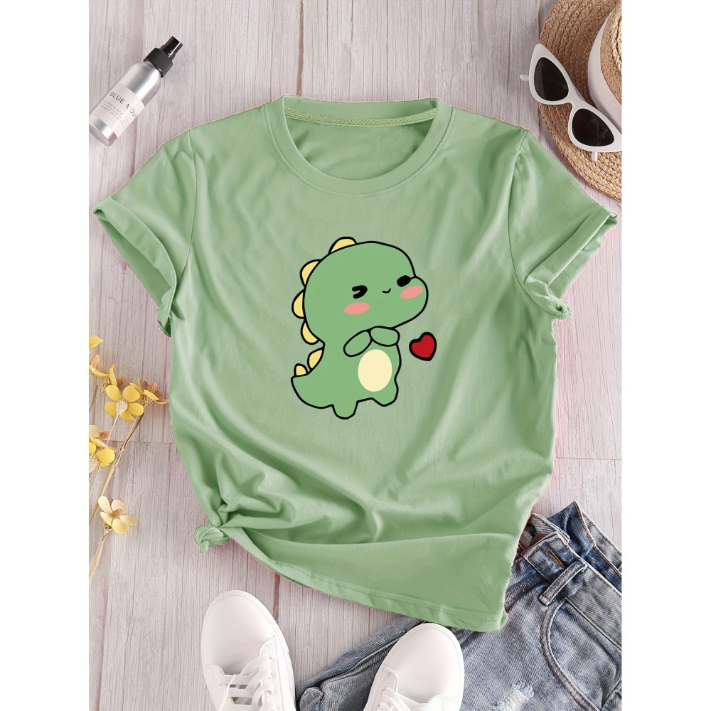 Cartoon Dinosaur Print Casual T-Shirt, Round Neck Short Sleeves Stretchy Versatile Sports Tee, Women's Tops