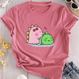 Cartoon Dinosaur Print Casual T-Shirt, Round Neck Short Sleeves Stretchy Versatile Sports Tee, Women's Tops