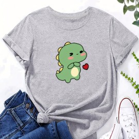 Cartoon Dinosaur Print Casual T-Shirt, Round Neck Short Sleeves Stretchy Versatile Sports Tee, Women's Tops