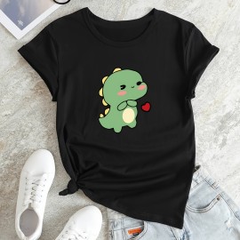 Cartoon Dinosaur Print Casual T-Shirt, Round Neck Short Sleeves Stretchy Versatile Sports Tee, Women's Tops