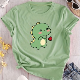 Cartoon Dinosaur Print Casual T-Shirt, Round Neck Short Sleeves Stretchy Versatile Sports Tee, Women's Tops