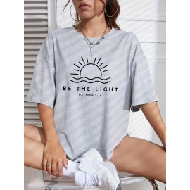 Sun Graphic Loose Sports Short Sleeves Top, Round Neck Running Casual T-shirt, Women's Activewear