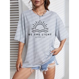 Sun Graphic Loose Sports Short Sleeves Top, Round Neck Running Casual T-shirt, Women's Activewear