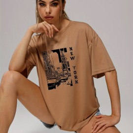 Retro Letter & City Street Print Pullover Shirt, Fashion Crew Neck Short Sleeve Tee, Women's Clothing