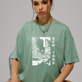 Retro Letter & City Street Print Pullover Shirt, Fashion Crew Neck Short Sleeve Tee, Women's Clothing