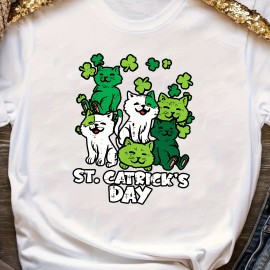 St.Patrick's Day Clover And Cat Print Sports T-shirt, Round Neck Short Sleeves Running Fitness Tops, Women's Activewear