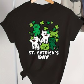 St.Patrick's Day Clover And Cat Print Sports T-shirt, Round Neck Short Sleeves Running Fitness Tops, Women's Activewear