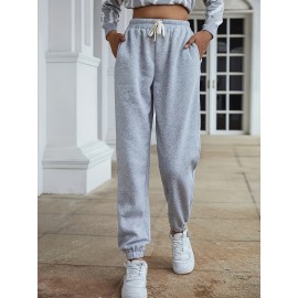 Women's Casual Fleece Elastic Waist Sweatpants - Comfortable Solid Color Drawstring Sports Pants