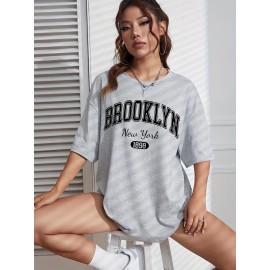 Letter & Number Print Casual T-Shirt, Short Sleeves Round Neck Loose Fit Sports Tee, Women's Sporty Tops