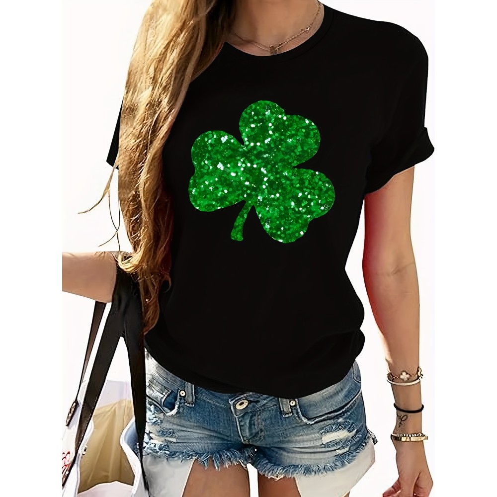 Clover Pattern Casual T-Shirt, Round Neck Short Sleeves Stretchy Sports Tee, St. Patrick's Day Women's Clothing