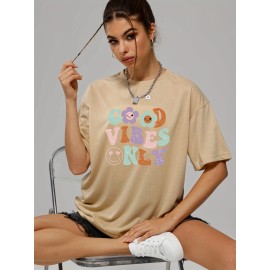 Women's Summer Tops - Smiling Face & Cartoon Flower Letter Print T-shirt