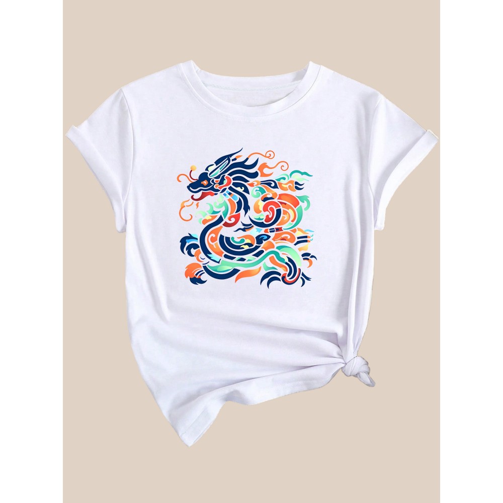 Colorful Chinese Dragon Print Casual T-Shirt, Round Neck Short Sleeves Comfy Sports Top, Women's Sporty Clothing