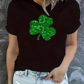 St. Patrick's Day Clover Pattern T-Shirt, Short Sleeve Crew Neck Casual Sports Tee, Women's Clothing