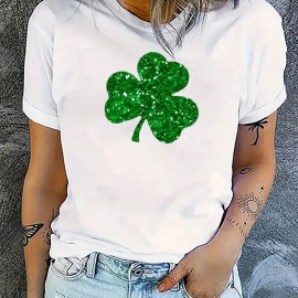 St. Patrick's Day Clover Pattern T-Shirt, Short Sleeve Crew Neck Casual Sports Tee, Women's Clothing