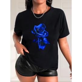 Valentine's Day Rose Print Casual Sports T-Shirt, Round Neck Short Sleeves Tee, Women's Activewear