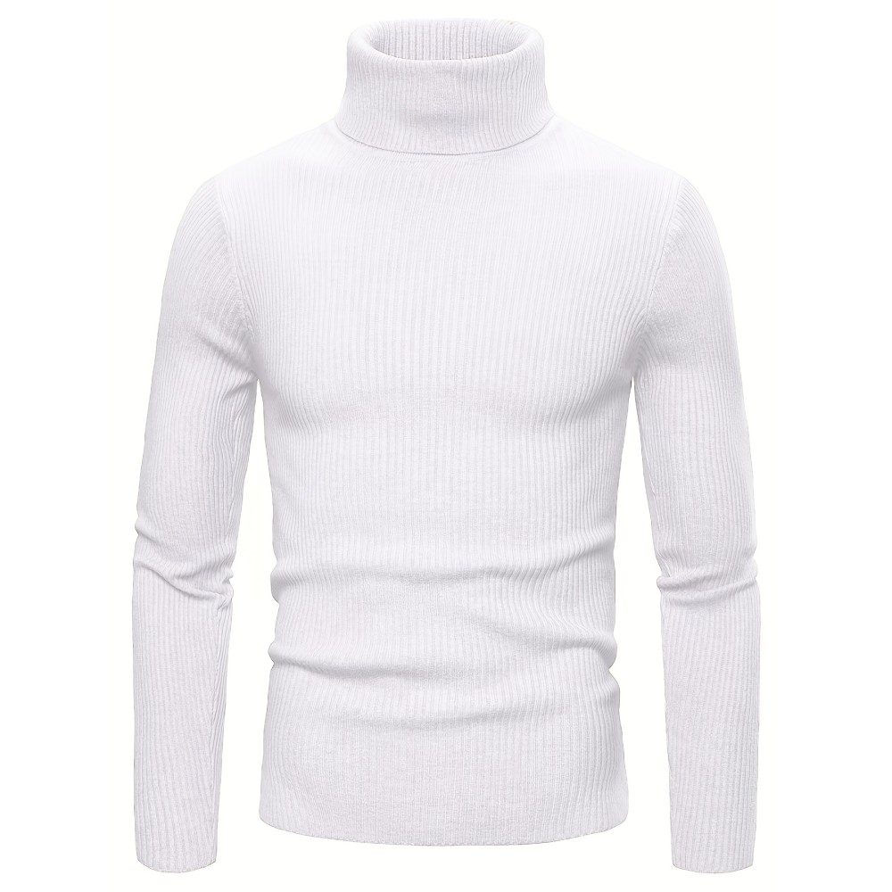 Turtle Neck Knitted Slim Fit Sweater, Men's Casual Warm Solid High Stretch Pullover Sweater For Fall Winter