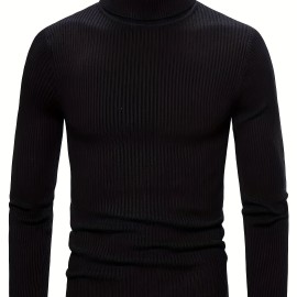 Turtle Neck Knitted Slim Fit Sweater, Men's Casual Warm Solid High Stretch Pullover Sweater For Fall Winter