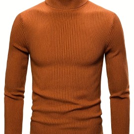 Turtle Neck Knitted Slim Fit Sweater, Men's Casual Warm Solid High Stretch Pullover Sweater For Fall Winter