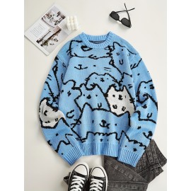 Cute Cats Pattern Knitted Sweater, Men's Casual Warm Slightly Stretch Crew Neck Pullover Sweater For Men Fall Winter