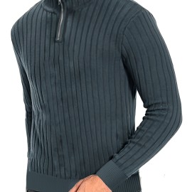 Men's Stand Collar Solid Knit Sweater , Men's Casual Lapel Slightly Stretch V-Neck Pullover Sweater For Men Winter Fall