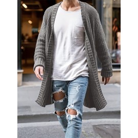 Elegant Middle Stretch Cardigan Sweater, Men's Casual Vintage Style V Neck Open Front Cardigan Coat For Fall Winter Streetwear