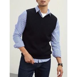 Men's V Neck Sweater Vest, Pullover Solid Color Sleeveless Sweaters Vest, Preppy Style