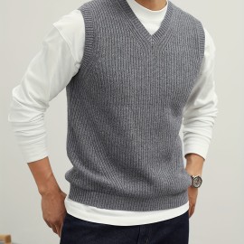 Men's V Neck Sweater Vest, Pullover Solid Color Sleeveless Sweaters Vest, Preppy Style