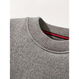 Knitted Plush Lined Sweater, Men's Casual Warm Slightly Stretch Crew Neck Pullover Sweater For Men Fall Winter