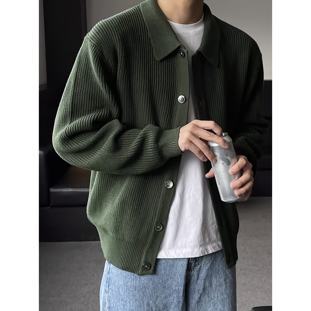 Men's Stylish Solid Loose Cardigan, Casual Mid Stretch Breathable Long Sleeve Lapel Top For City Walk Street Hanging Outdoor Activities