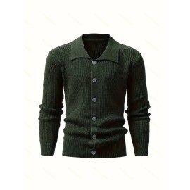 Men's Stylish Solid Loose Cardigan, Casual Mid Stretch Breathable Long Sleeve Lapel Top For City Walk Street Hanging Outdoor Activities