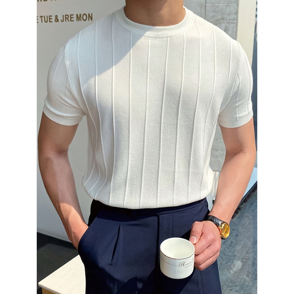 Men's Stylish Solid Knitted Pullover, Casual Breathable Short Sleeve Crew Neck Top For City Walk Street Hanging Outdoor Activities