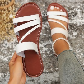 Women's Lightweight Braided Band Flat Slides - Open Toe Slip On Summer Beach Shoes