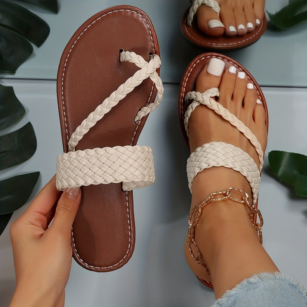 Women's Casual Beach Slide Sandals with Toe Loop Braided Band - Slip On Comfort for Summer Outings