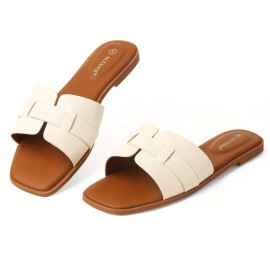 Women's Simple Slide Sandals, Casual Square Toe Flat Summer Shoes, Lightweight Slide Sandals