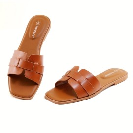 Women's Simple Slide Sandals, Casual Square Toe Flat Summer Shoes, Lightweight Slide Sandals