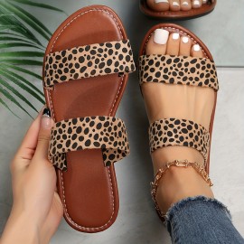 Women's Leopard Print Slide Sandals - Trendy Double Strap Flat Outdoor Shoes - Lightweight Slip On Beach Shoes - Stylish and Comfortable Footwear for Summer Outings