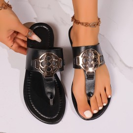 Women's Metallic Buckle Decor Flip Slops, Slip On Lightweight Soft Sole Casual Slides, Summer Beach Slides