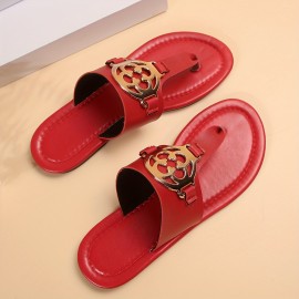 Women's Metallic Buckle Decor Flip Slops, Slip On Lightweight Soft Sole Casual Slides, Summer Beach Slides