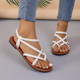 Women's Braided Thong Sandals - Lightweight Casual Elastic Strap Flat Summer Beach Shoes