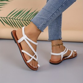 Women's Braided Thong Sandals - Lightweight Casual Elastic Strap Flat Summer Beach Shoes