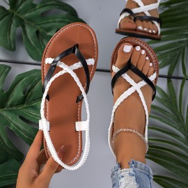 Women's Braided Thong Sandals - Lightweight Casual Elastic Strap Flat Summer Beach Shoes