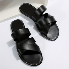 Women's Lightweight Cross Strap Flat Slides - Casual Open Toe Slip On Beach Sandals