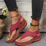 Women's Retro Wedge Thong Sandals, Casual Buckle Strap Arch Support Sandals, Comfortable Summer Sandals