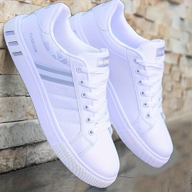 Men's Trendy Stripe Design Skate Shoes With PU Leather Uppers, Wear-resistant Non Slip Lace-up Shoes For Outdoor Casual, Men's Street Footwear