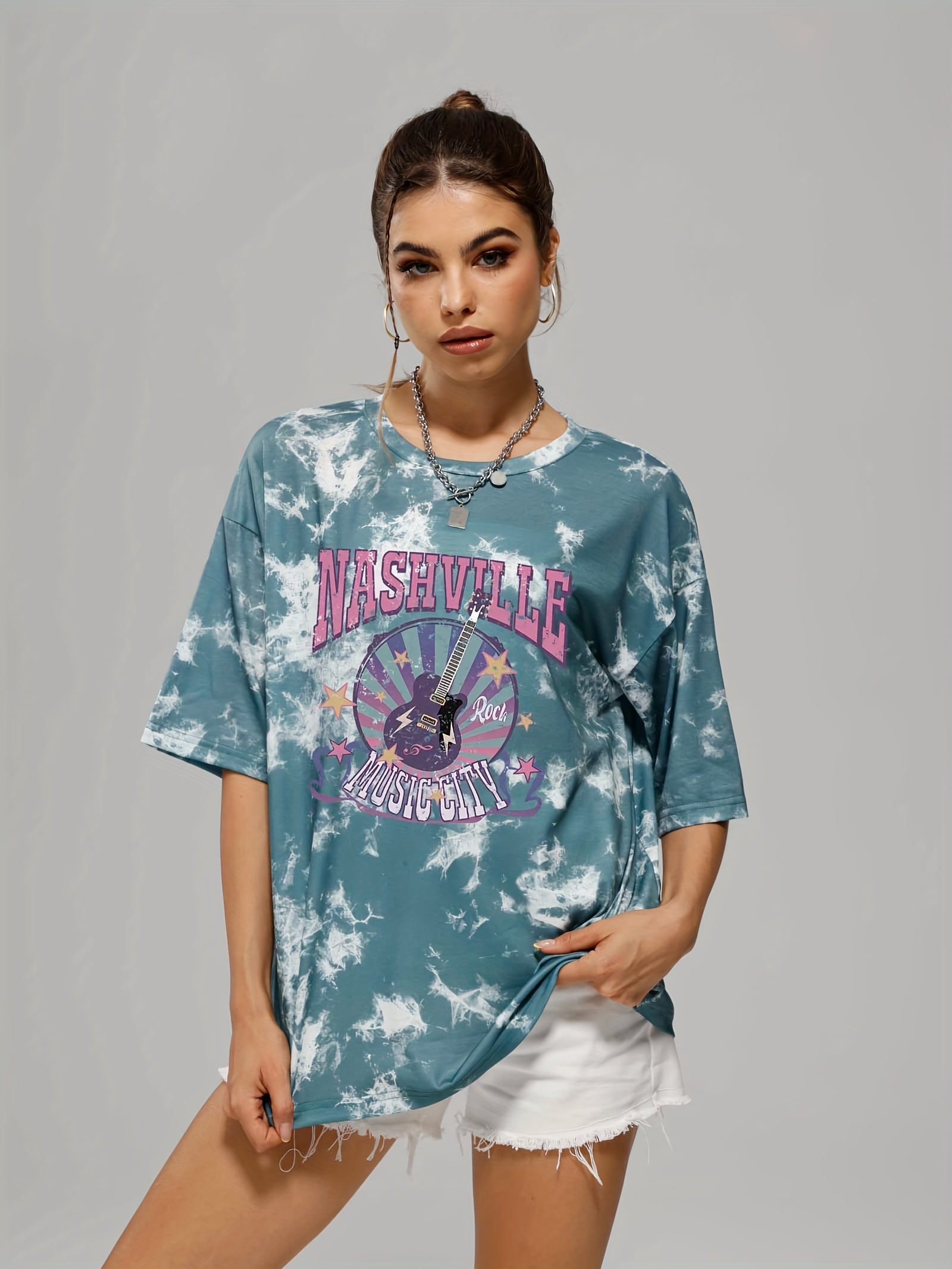 tie dye letter rock music guitar print tee summer round neck casual sports t shirts womens clothing details 0