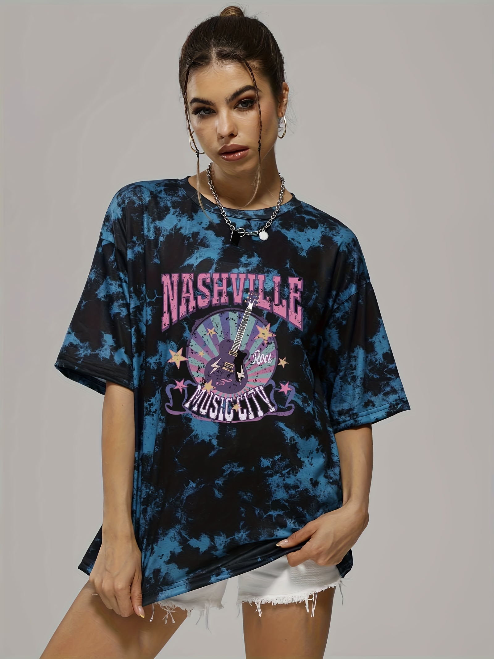 tie dye letter rock music guitar print tee summer round neck casual sports t shirts womens clothing details 2