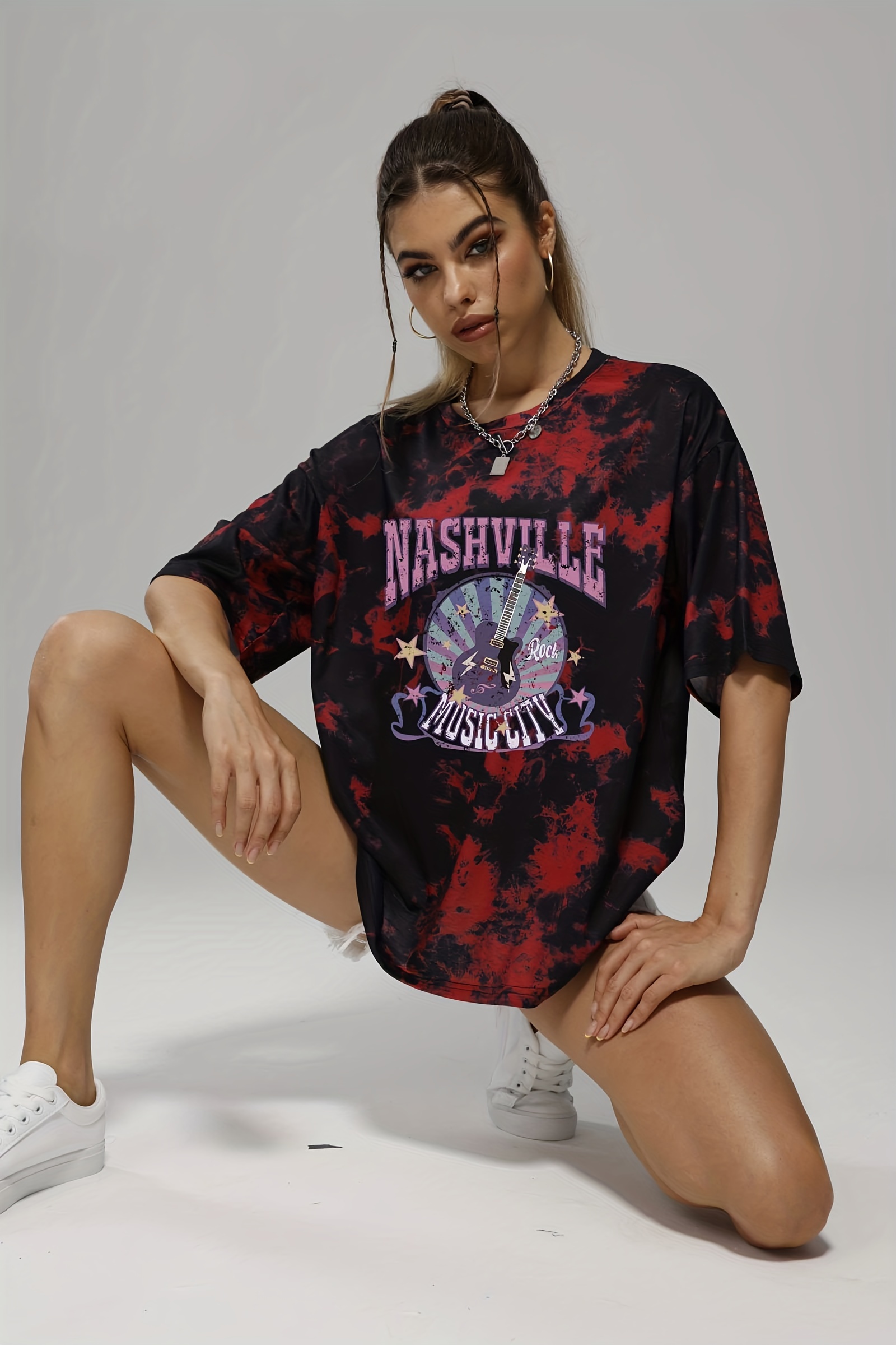 tie dye letter rock music guitar print tee summer round neck casual sports t shirts womens clothing details 4