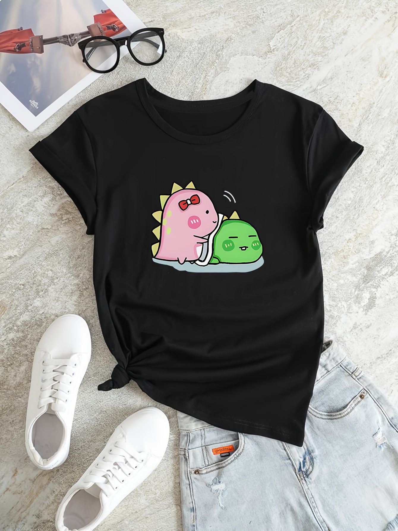 cartoon dinosaur print casual t shirt round neck short sleeves stretchy versatile sports tee womens tops details 10