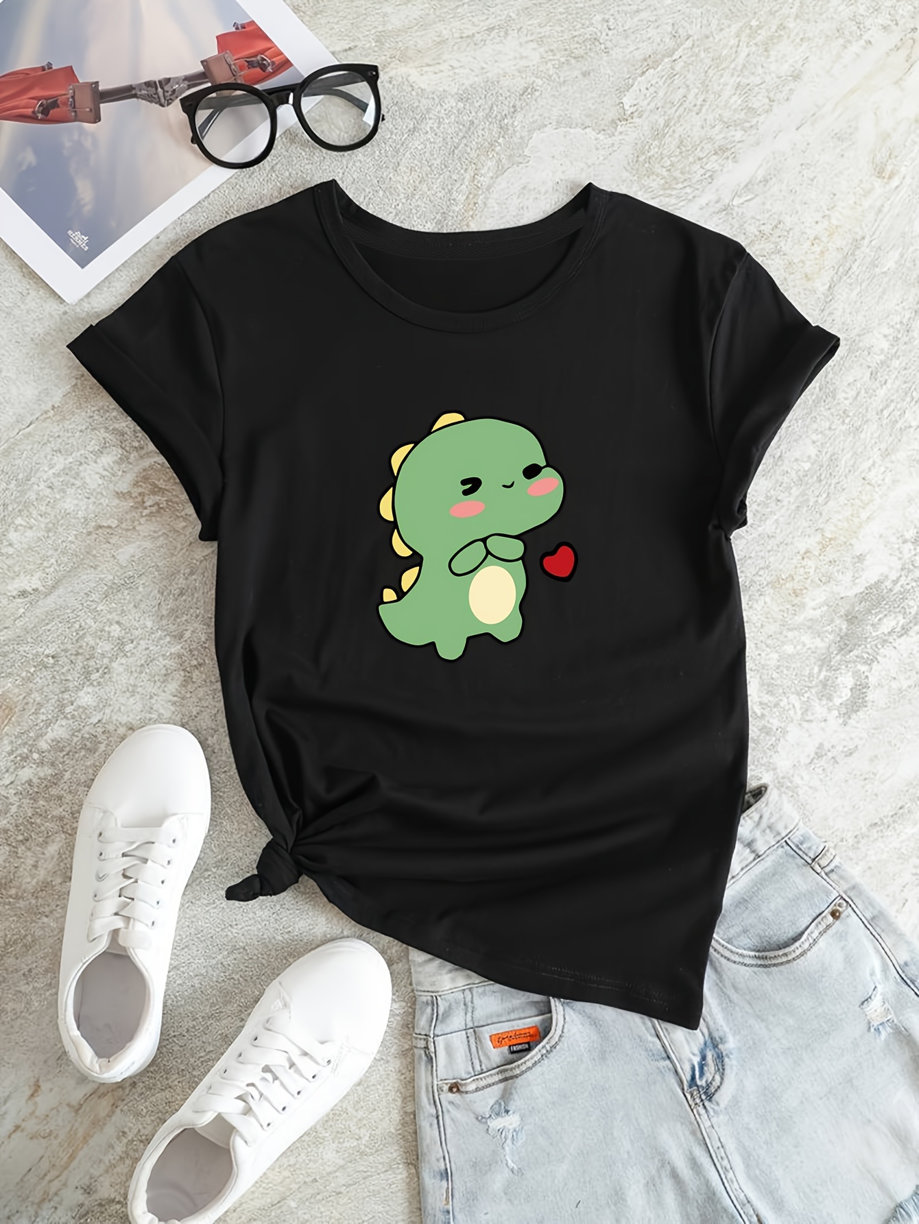 cartoon dinosaur print casual t shirt round neck short sleeves stretchy versatile sports tee womens tops details 36